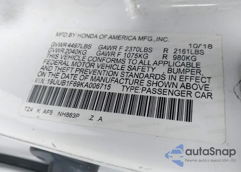 2019 Acura Tlx Technology/A-Spec z USA, uszkodzony, nr VIN 19UUB1F69KA006715